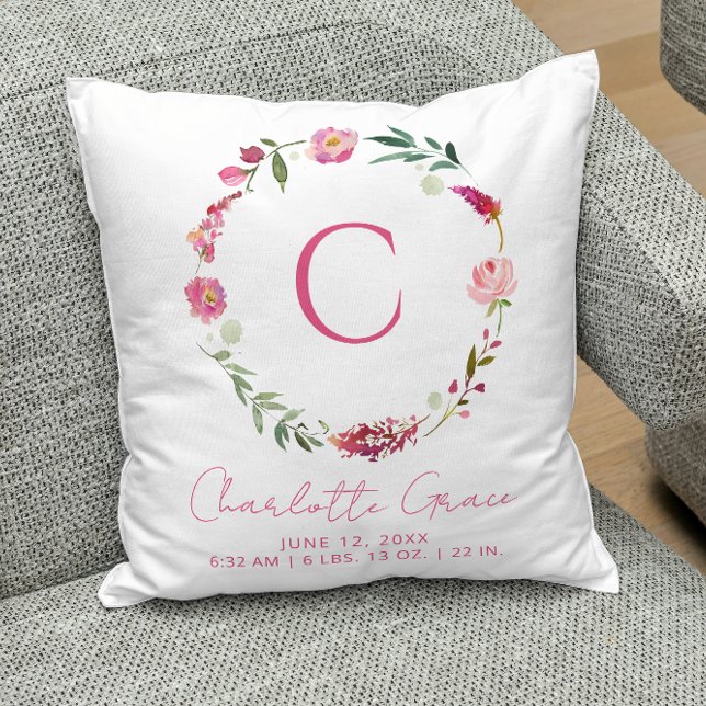 Coussin Baby Girl Monogramme Statistiques de naissance Pin (Baby Pillow)