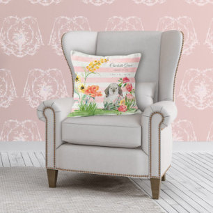 Coussin Baby Girl Nursery Rabbit Floral Birth Stats Name