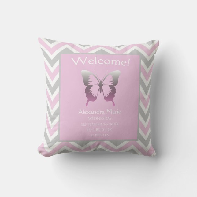 Coussin Baby Girl rose Grey Chevron Papillon Keepsaké (Recto)