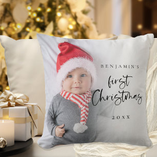 Coussin Baby moderne 1er Noël Script Nom Année Photo