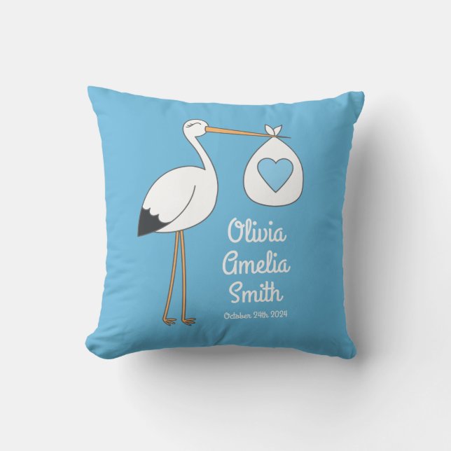 Coussin Baby shower cigogne bleu garçon (Recto)