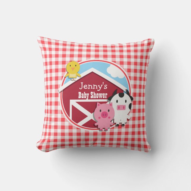 Coussin Baby shower d'animaux de ferme; En vichy rouge et  (Recto)