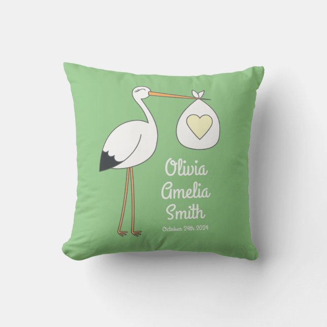 Coussin Baby shower de cigogne Printemps vert (Recto)