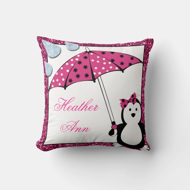 Coussin Baby shower de fille de pingouin de griffonnage (Recto)