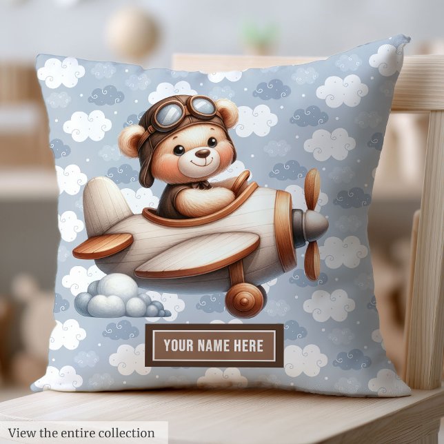Coussin Baby shower d'ours en peluche Brown bleu personnal (Blue Brown Teddy Bear Baby Shower Personalized Throw Pillow)