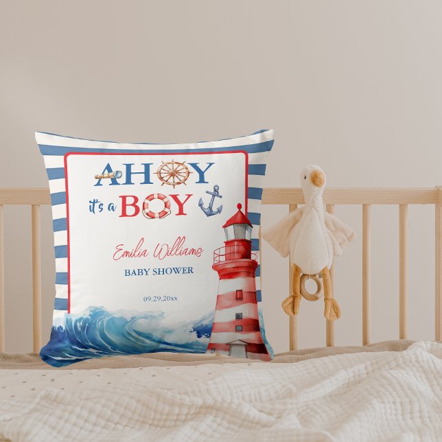 Coussin Baby shower du phare bleu rouge Ahoy Boy (Créateur téléchargé)