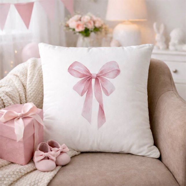 Coussin Baby Shower Fille Ruban Rose Tendre (Soft Pink Bow Girl Baby Shower Throw Pillow)