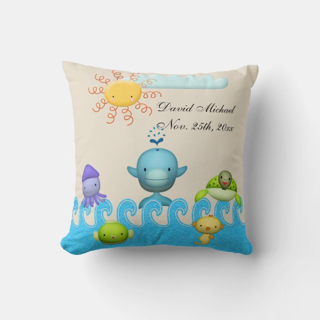 Coussin Baby shower mignon d'animaux de mer (Recto)