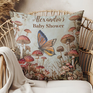 Coussin Baby shower naturel des champignons papillons