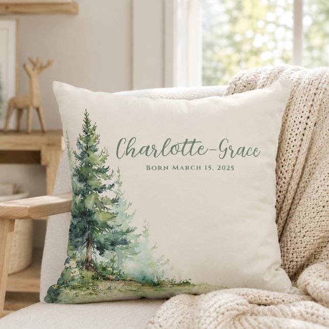 Coussin Baby-Shower Thème Forêt • Design Neutre Beige (Woodland Baby Shower •Neutral Beige Forest Design Throw Pillow)