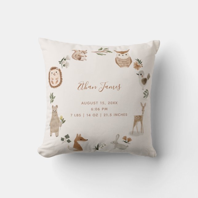 Coussin Baby Woodland Animaux Birth Stats Keepsaké (Recto)