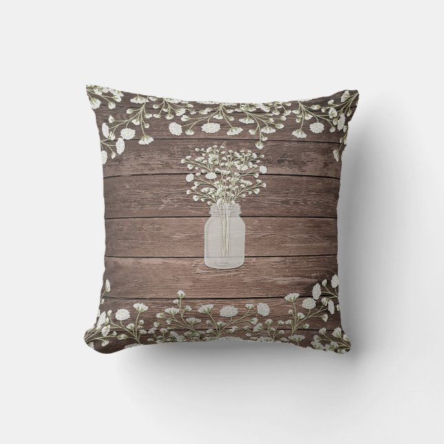 Coussin Baby's Breath dans un Pot Mason en Bois Rustique (Recto)