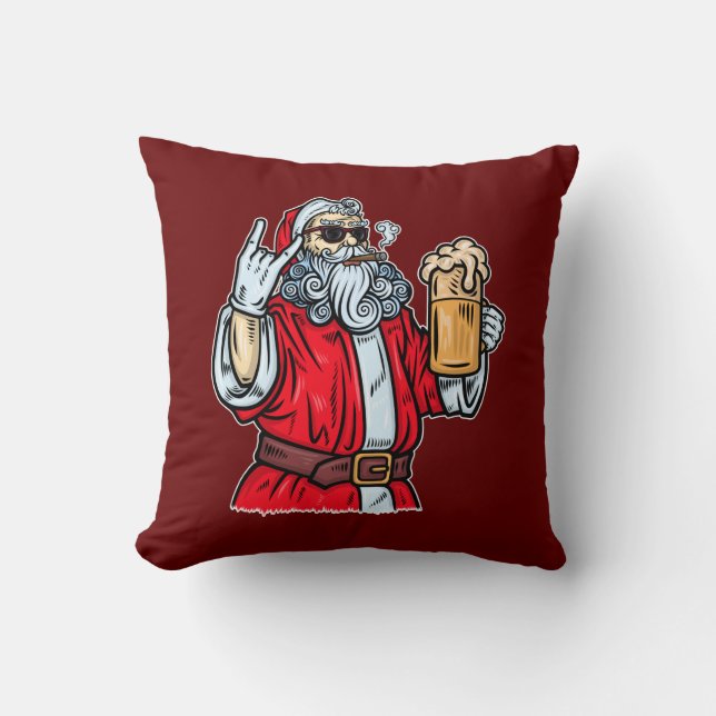 Coussin Bad Père Noël, Rock, Bière et Cigar (Recto)
