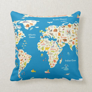 Coussin Badine la carte du monde avec des animaux