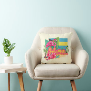 Coussin Bahamas rétro caraïbes île flamingo vintage