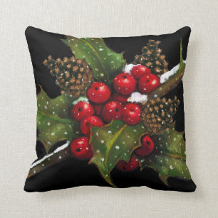 Coussin Baies de houx : Peinture de Noël sur le noir : Art