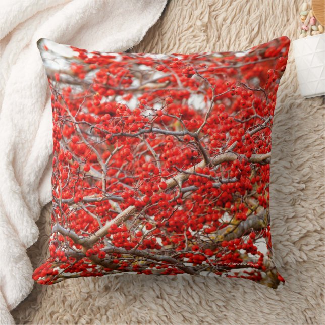 Coussin Baies d'hiver rouge vif Baies d'arbre blanc (Couverture)