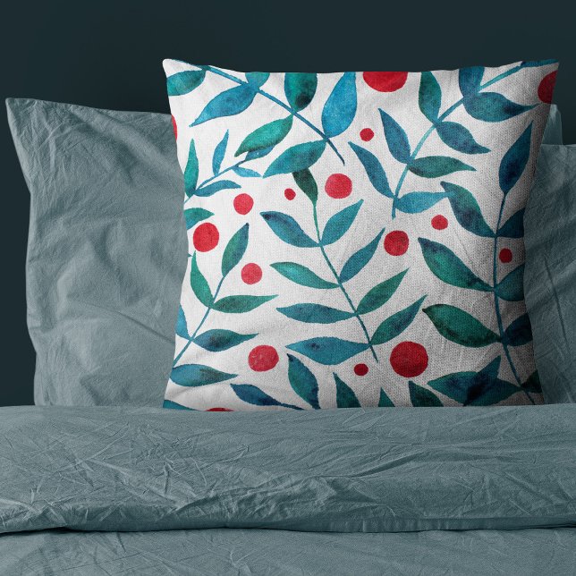 Coussin Baies et branches d'aquarelle - turquoise et rouge (Créateur téléchargé)