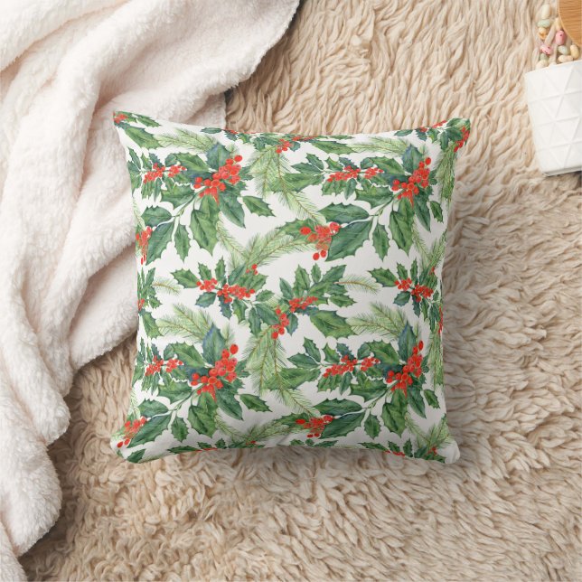 Coussin Baies Rouges Houx Vert Floral Noël Fêtes (Couverture)