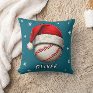 Coussin Bal de baseball Red Santa Chapeau Snowflakes Nom