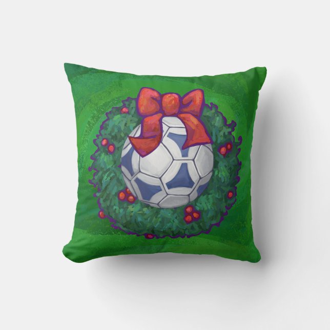 Coussin Bal de soccer blanc et bleu sur vert (Recto)
