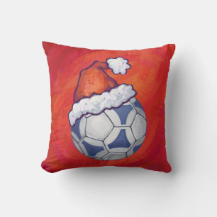 Coussin Bal de soccer bleu et blanc sur rouge