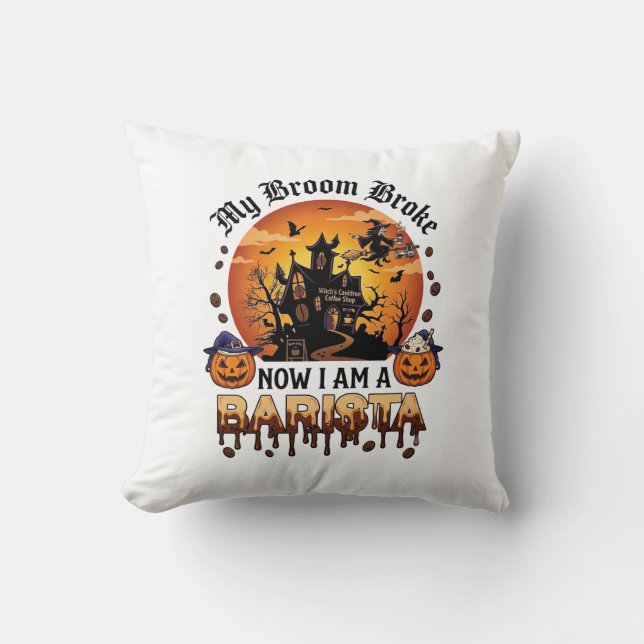 Coussin Balai Brisé Barista Halloween Sorcière Café Citrou (Recto)