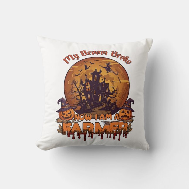 Coussin Balai Brisé Ferme Halloween Sorcière Maison Hantée (Recto)