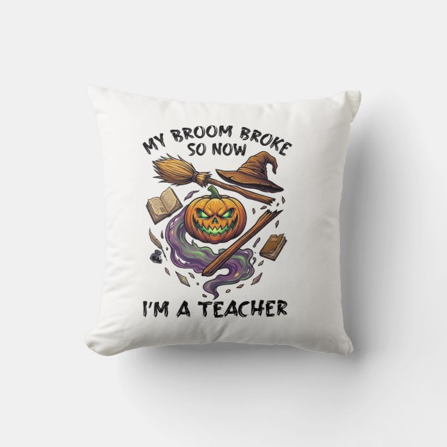 Coussin Balai Cassé Professeur Halloween Citrouille Chapea (Recto)