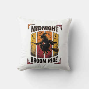 Coussin Balai de minuit Vintage Sorcière Halloween Graphiq