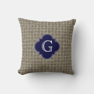 Coussin Balai Rustique Look, Monogramme de Quatrefoil bleu