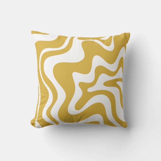 Coussin Balayage liquide rétro Abstrait moutarde et blanc (Recto)