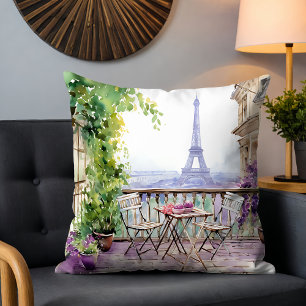 Coussin Balcon de café de Paris Tour Eiffel Aquarelle