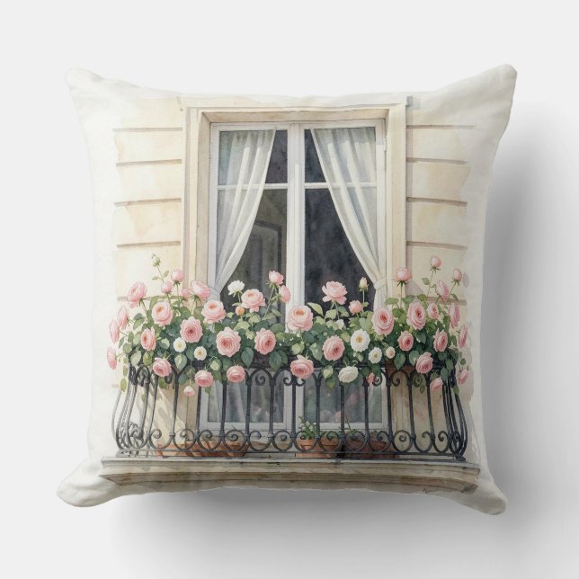 Coussin  Balcon de Paris aux Roses Aquarelle (Recto)