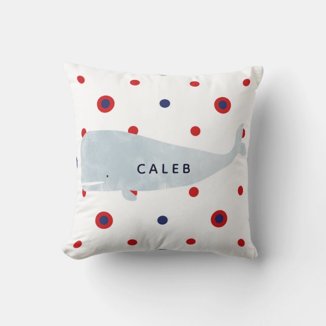 Coussin Baleine aquarelle grise marine nom rouge bleu (Recto)