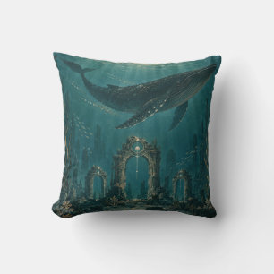 Coussin Baleine au-dessus de ruines sous-marines sarcelle