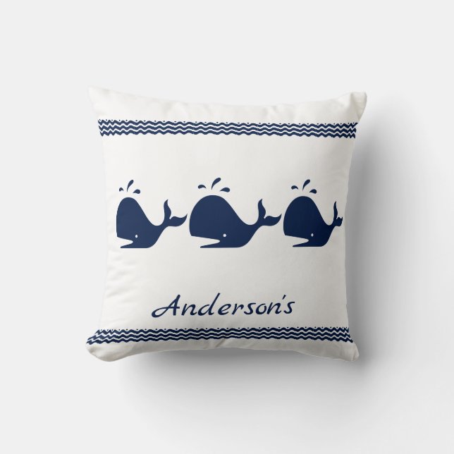 Coussin Baleine et vagues Bleu et blanc (Recto)