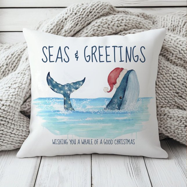 Coussin Baleine Père Noël Sea Watercolor Noël côtier (Créateur téléchargé)