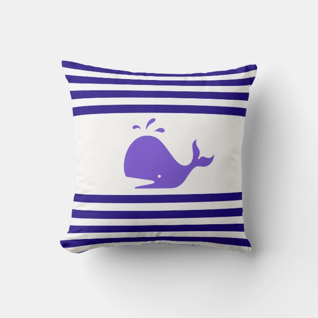 Coussin Baleine sur fond bleu marine et blanc rayé (Recto)