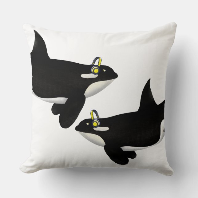 Coussin Baleine tueuse à écouter de la musique Casque jaun (Recto)