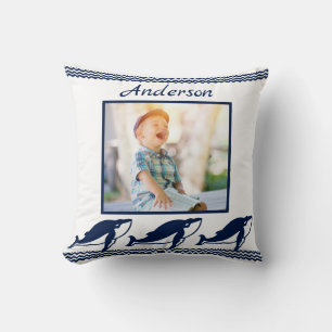 Coussin Baleines mignonnes vagues Blue Nautical Photo Fram