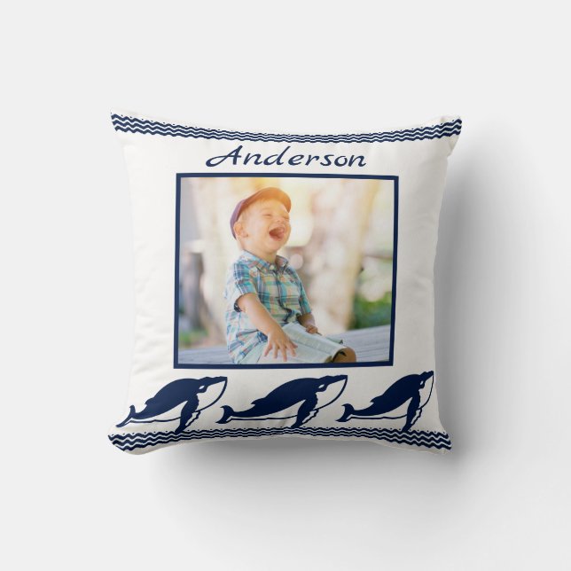 Coussin Baleines mignonnes vagues Blue Nautical Photo Fram (Recto)