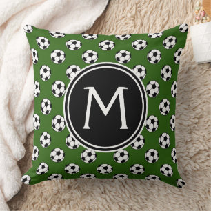 Coussin Balles de football noir et blanc sur monogramme ve