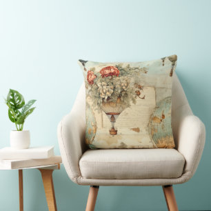 Coussin Ballon à air chaud Pivoine Vintage Carte Antique