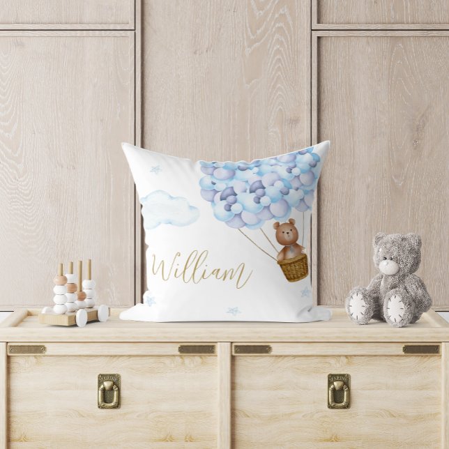 Coussin Ballons bleus ourson pour la nurserie bébé (Teddy Bear Blue Balloons Baby Nursery Throw Pillow)