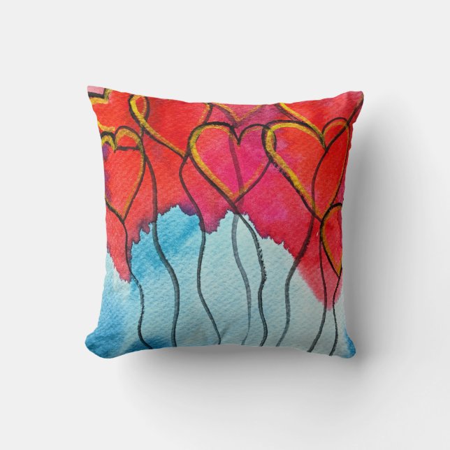 Coussin Ballons de coeur rouge Valentine aquarelle (Recto)