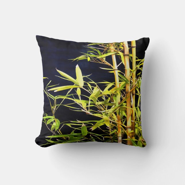 Coussin Bambou Foliage Art Tropical Sur Noir (Recto)