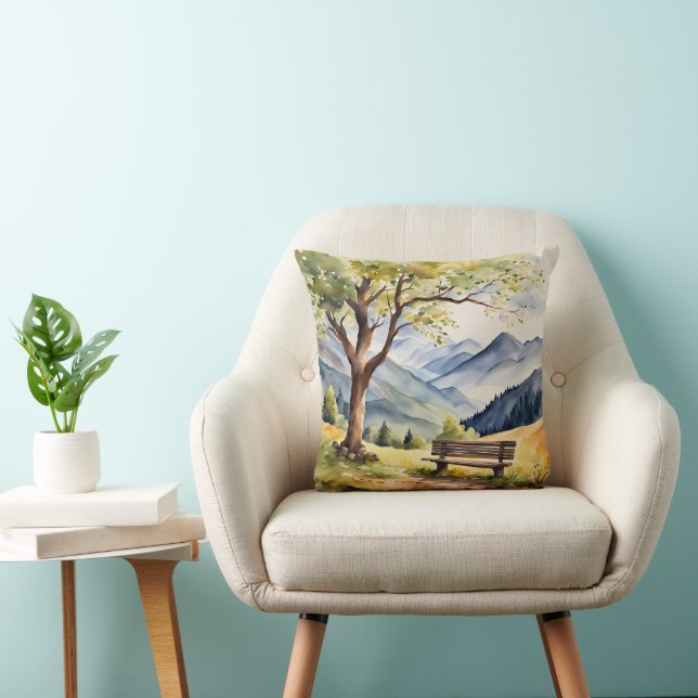 Coussin Banc d'aquarelle et scène de montagne (Chaise)