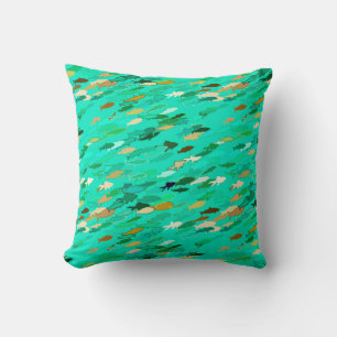 Coussin Banc de poissons, Aqua, Vert et Or