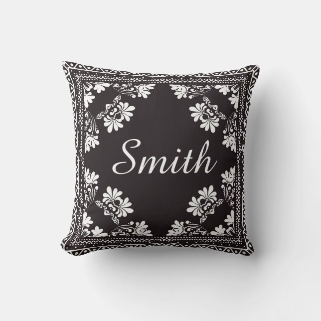 Coussin Bandanna noir et blanc avec nom (Recto)